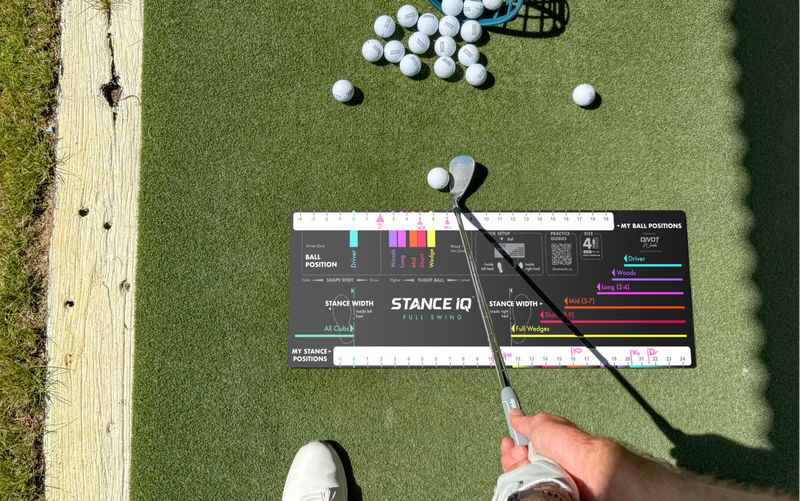 Golfer using Stance IQ training mat at the driving range